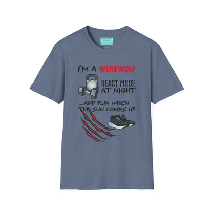 Slate blue t-shirt featuring illustrations of kettlebells, dumbbells, and running shoes, with the phrase 'I'm a werewolf. Beast mode at night, and run when the sun comes up.'
