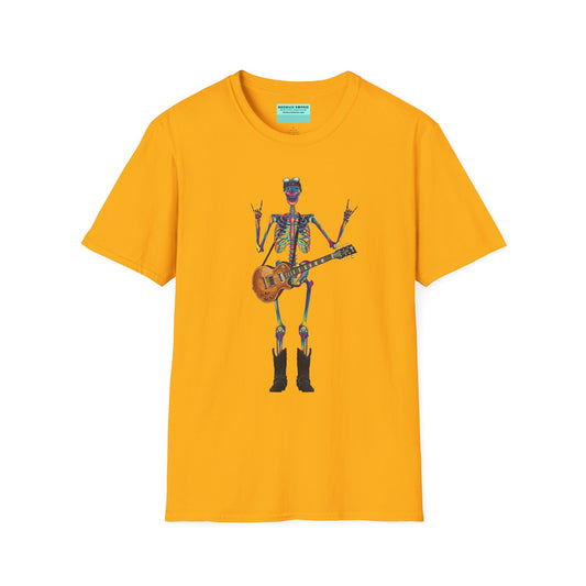 Yellow t-shirt featuring a tie-dye skeleton holding a guitar, dressed like a classic rocker with boots, a bandana, and rock-style clothing.