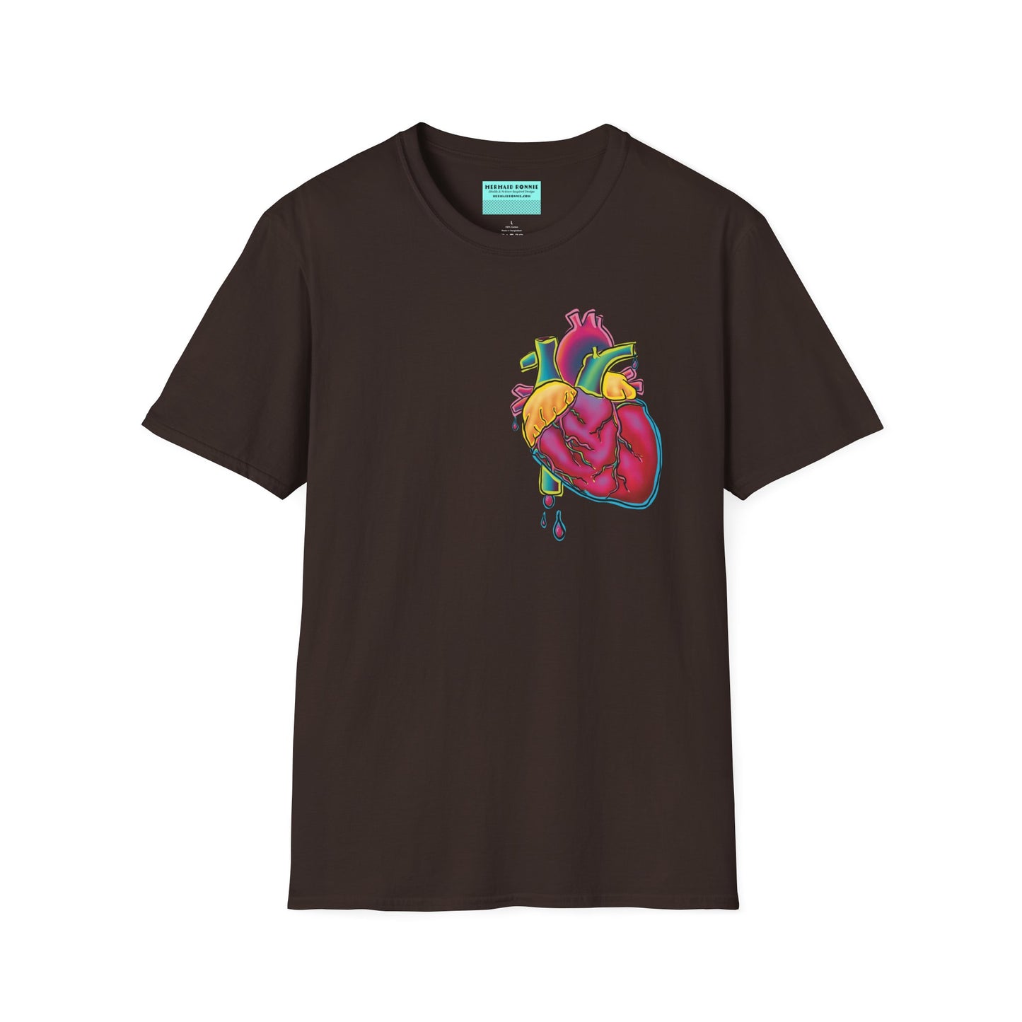 Brown unisex short sleeve t-shirt featuring a bold neon anatomical heart front and off-center, complete with dripping blood vessels—because nothing says “wear your heart on your sleeve” like wearing it smack on your chest in highlighter tones.