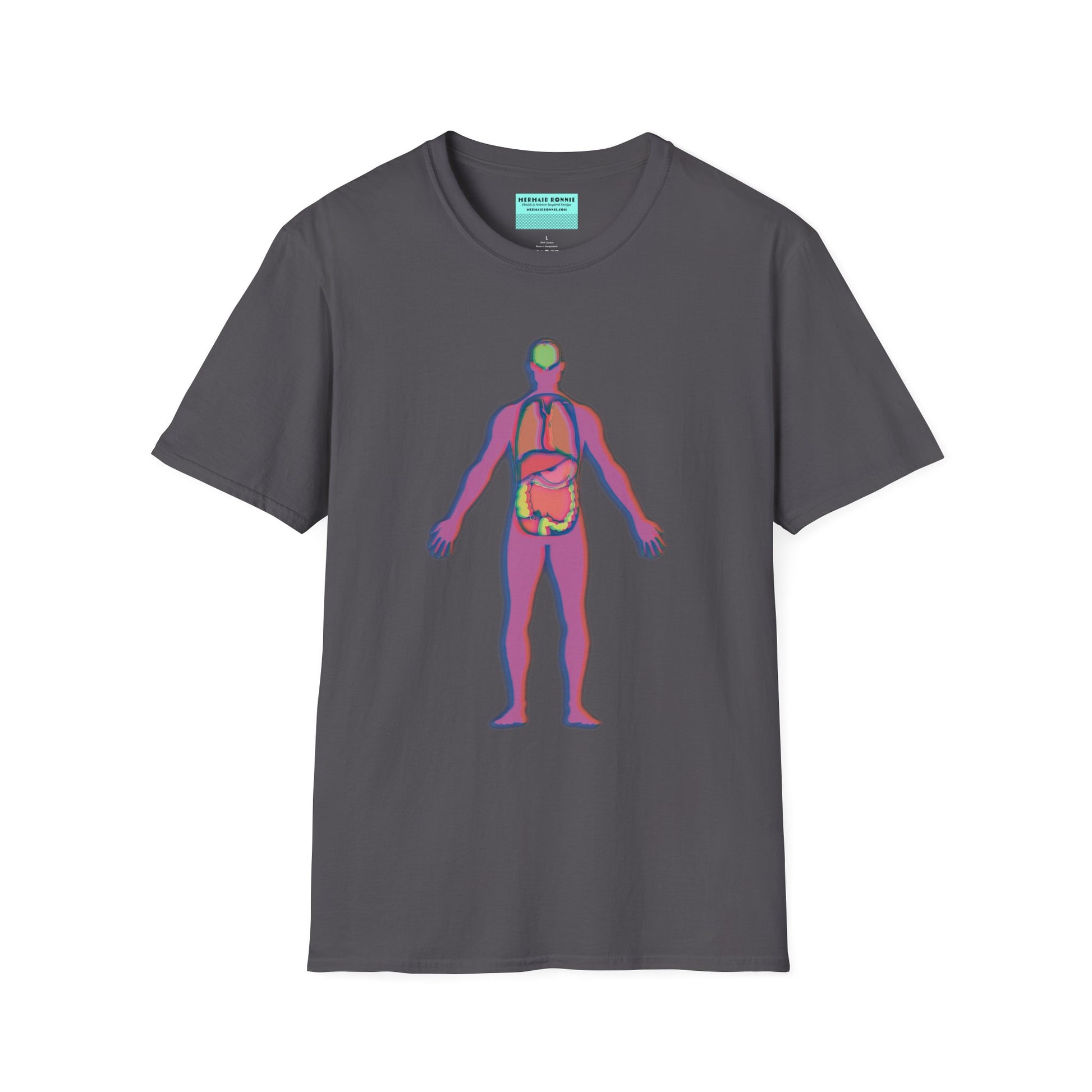 Dark grey t-shirt featuring an illustration of an anatomical figure with internal organs shown in different colors.