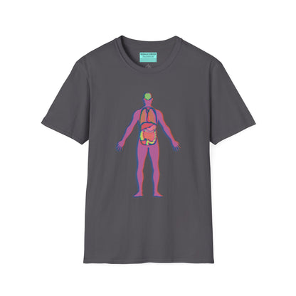 Dark grey t-shirt featuring an illustration of an anatomical figure with internal organs shown in different colors.