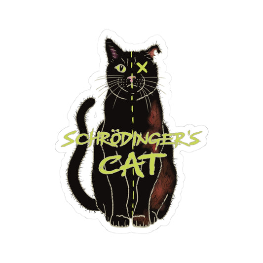 Sticker featuring a black cat with one half depicted as alive and the other half as dead, with an X over one eye, representing Schrödinger's cat.