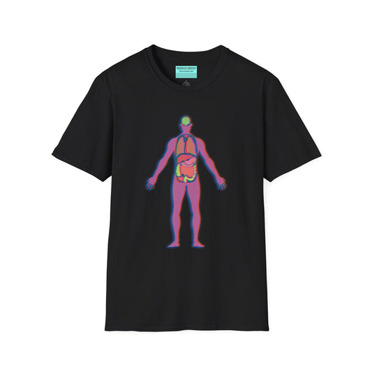 Black t-shirt featuring an illustration of an anatomical figure with internal organs shown in different colors.