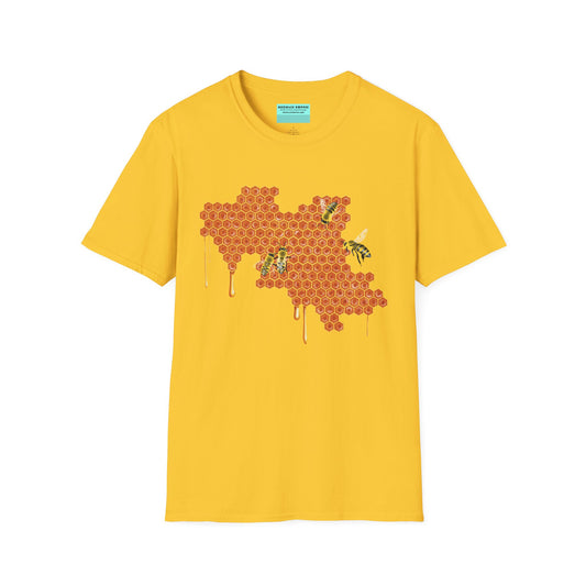 Yellow t-shirt featuring a picture of honeybees buzzing around a large piece of honeycomb with honey dripping down from it.