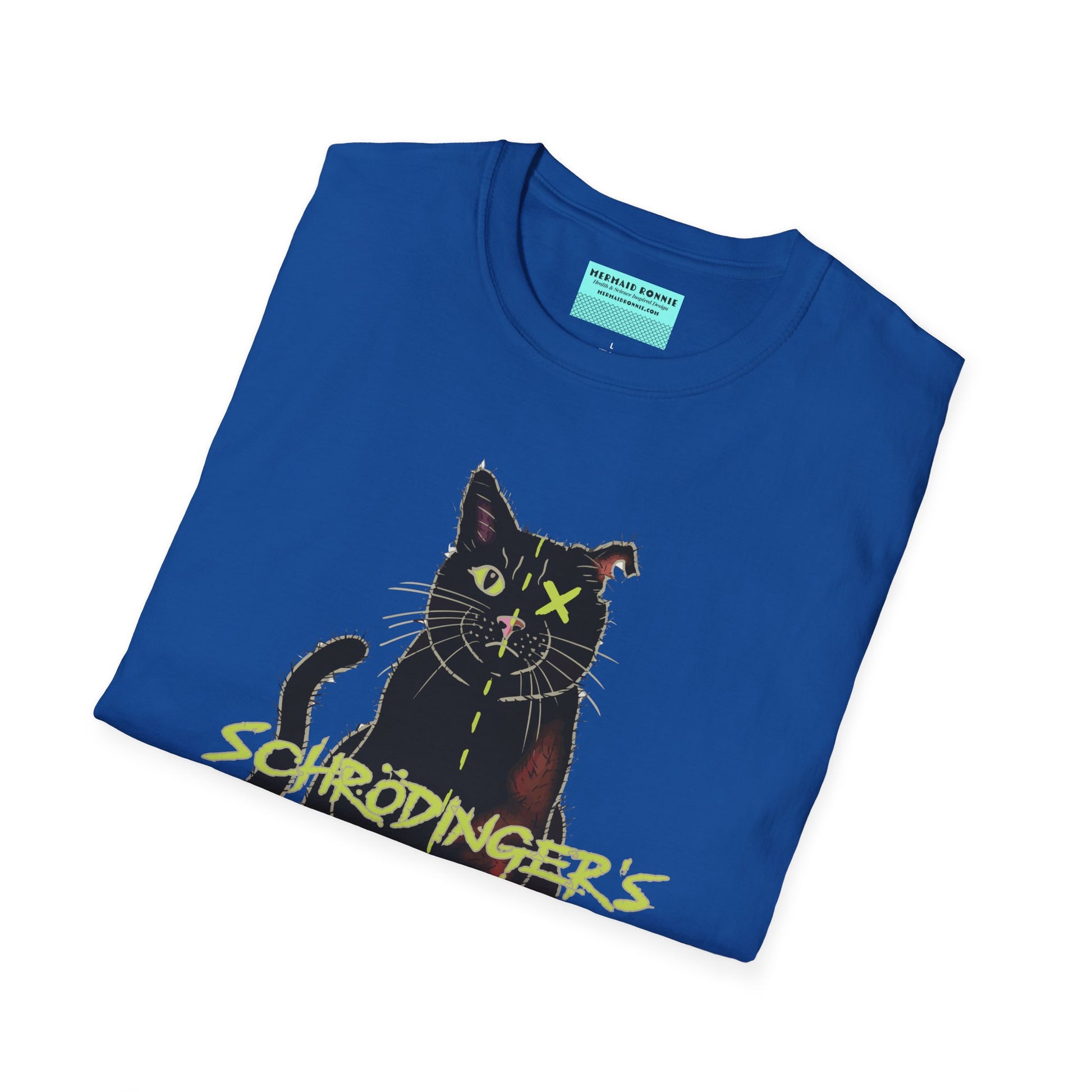 Folded blue unisex short-sleeve tee featuring the infamous Schrödinger’s cat—half-alive, half-dead, and fully committed to quantum confusion. The feline paradox lounges proudly beneath the words "Schrödinger's Cat," because science jokes are both alive and kicking and six feet under.