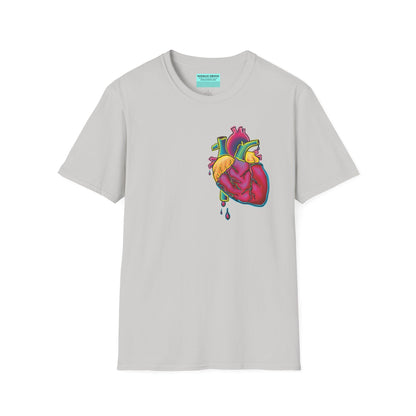 Grey unisex short sleeve t-shirt featuring a bold neon anatomical heart front and off-center, complete with dripping blood vessels—because nothing says “wear your heart on your sleeve” like wearing it smack on your chest in highlighter tones.