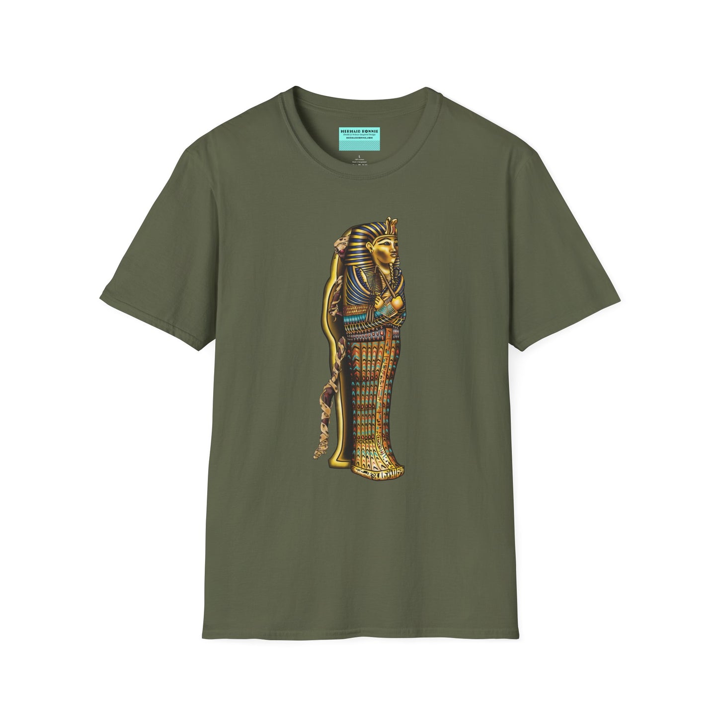 Military green t-shirt featuring an illustration of an Egyptian sarcophagus, with a mummy stepping out of it and glowing red eyes.