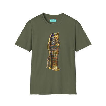 Military green t-shirt featuring an illustration of an Egyptian sarcophagus, with a mummy stepping out of it and glowing red eyes.