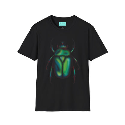 Black t-shirt featuring an illustration of a June bug (green chafer beetle) across the chest.