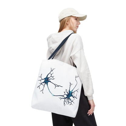 Neuron Tote Bag with Navy Blue Handles, White Bag with Brain Cell Illustration, Anatomy Gift