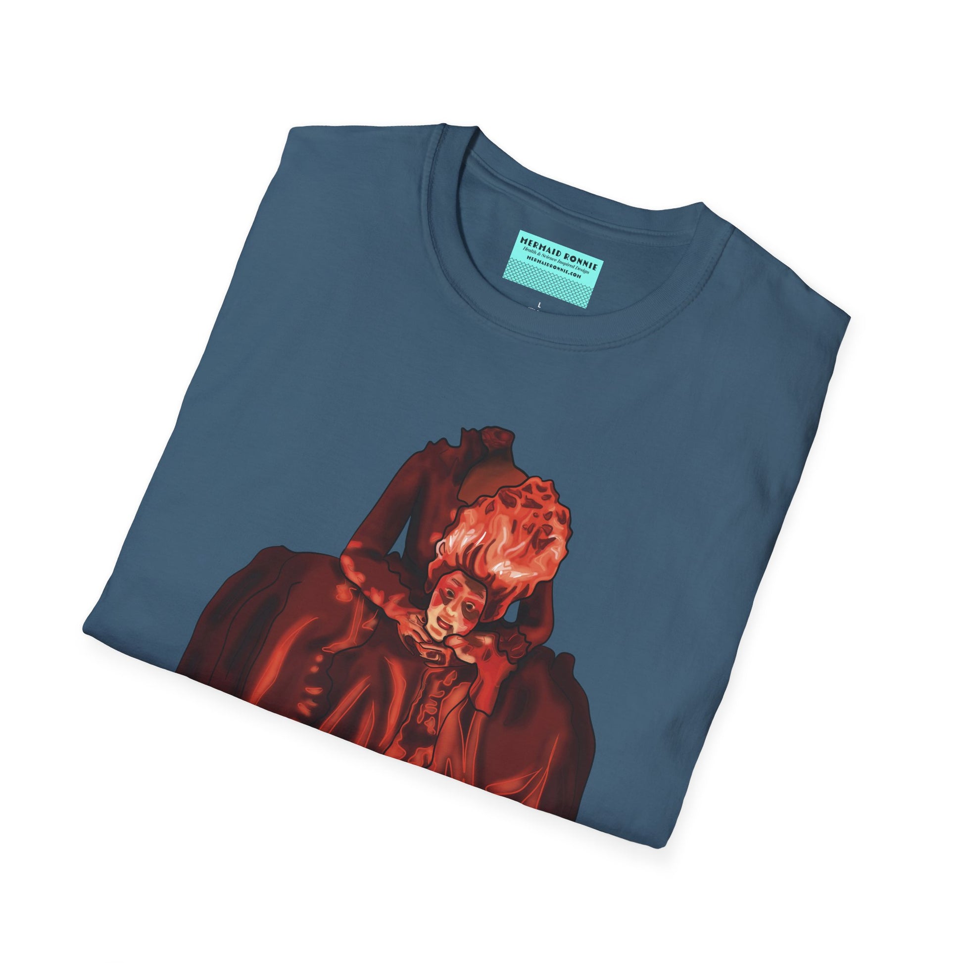 Folded blue t-shirt featuring an illustration of a headless Marie Antoinette holding her own head in her hands.