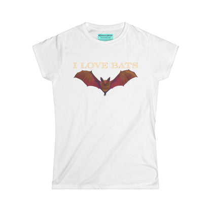 Women’s t-shirt in white featuring a drawing of a brown bat and text that reads 'I love bats.'