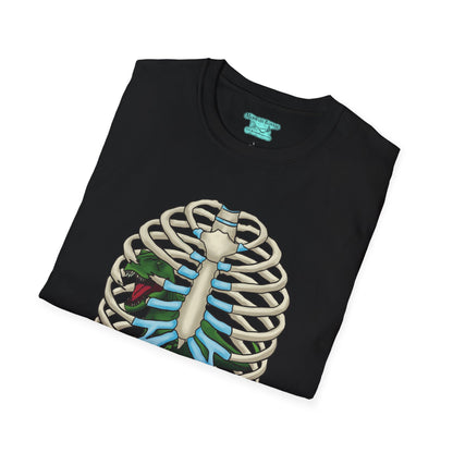 Thoracic Park T-Shirt, T-Rex Dinosaur in Rib Cage Graphic Tee, Unisex Short Sleeve