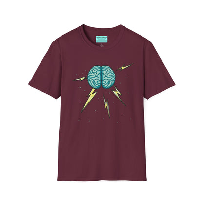 Burgundy unisex short sleeve tee featuring an illustration of a brain with lightning bolts and rain pouring from it, giving a literal twist to the term "brainstorm"—because sometimes, even the best ideas need a little weathering!