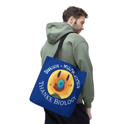 Biology Cell Division Tote Bag, Blue Canvas Bag with Smiley Face Cell, Funny Cell Bio Gift