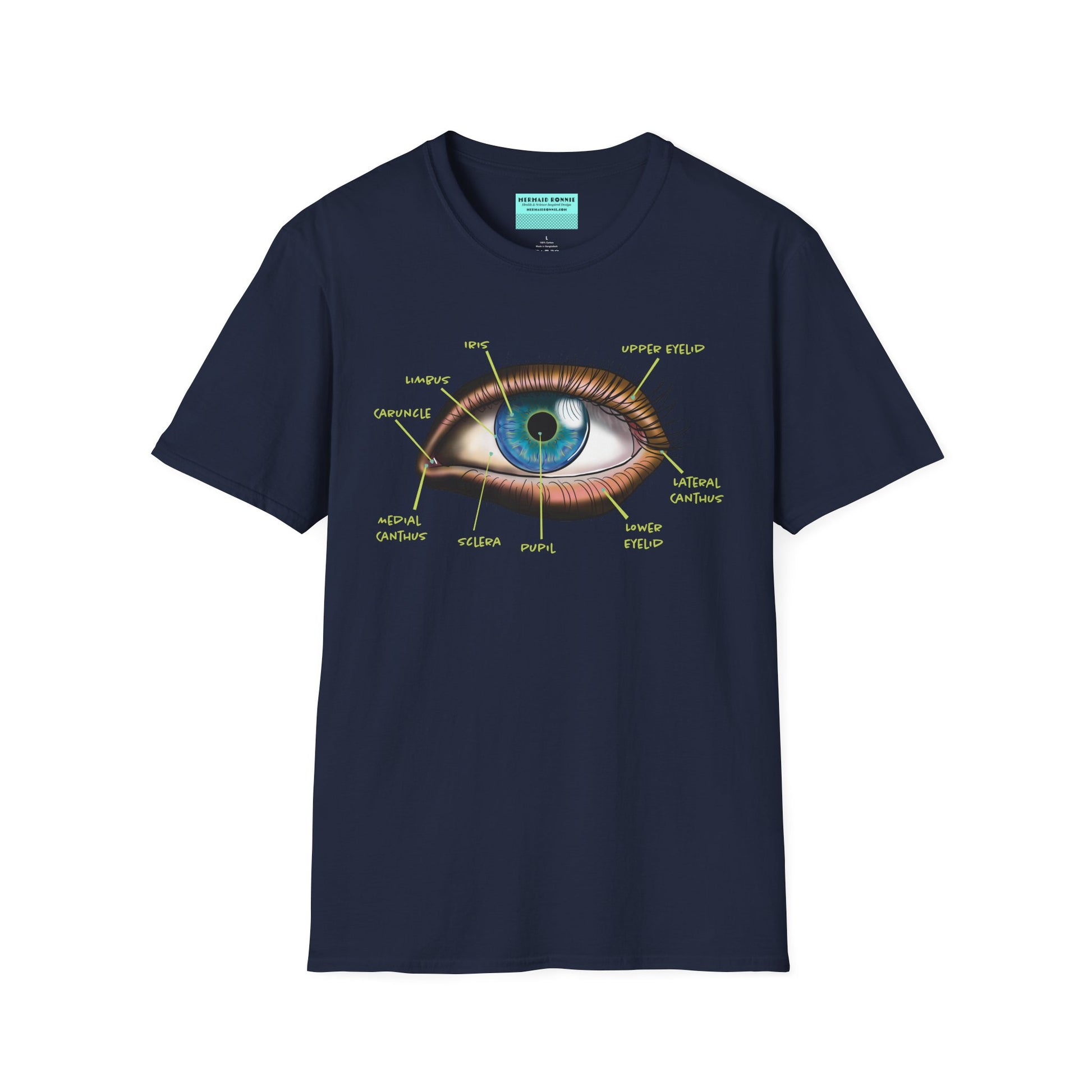 Navy shirt featuring an anatomical diagram of an eye, with labeled parts of the eye displayed.