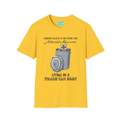 Yellow t-shirt featuring an illustration of a raccoon in a metal trash can, with the phrase 'Chronic illness is like being this adorable raccoon living in a trash can body' printed on it.