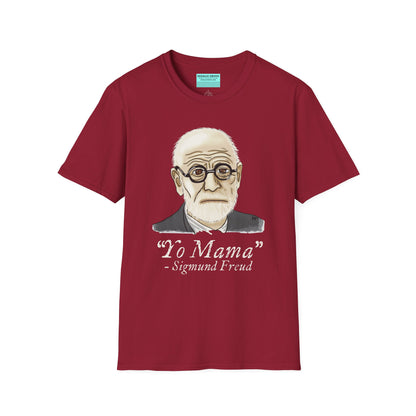 Red unisex short sleeve tee featuring a hand-drawn portrait of Sigmund Freud looking suspiciously insightful, with the phrase "Yo mama" playfully printed below—because sometimes, every complex issue really does go back to your mother.