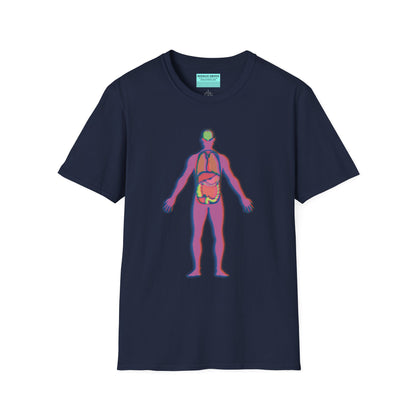 Navy t-shirt featuring an illustration of an anatomical figure with internal organs shown in different colors.
