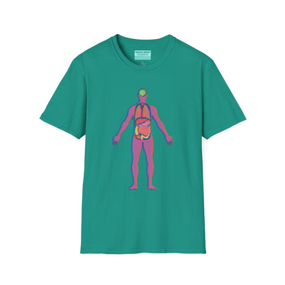 Green t-shirt featuring an illustration of an anatomical figure with internal organs shown in different colors.