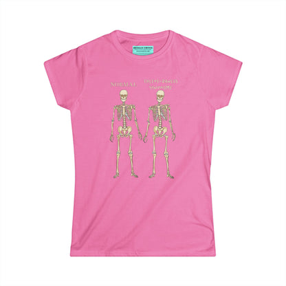 Women’s t-shirt in pink with two skeletons side by side. The first is labeled 'Normal' and the second is labeled 'Ehlers-Danlos Syndrome,' visually illustrating the skeletal effects of EDS.