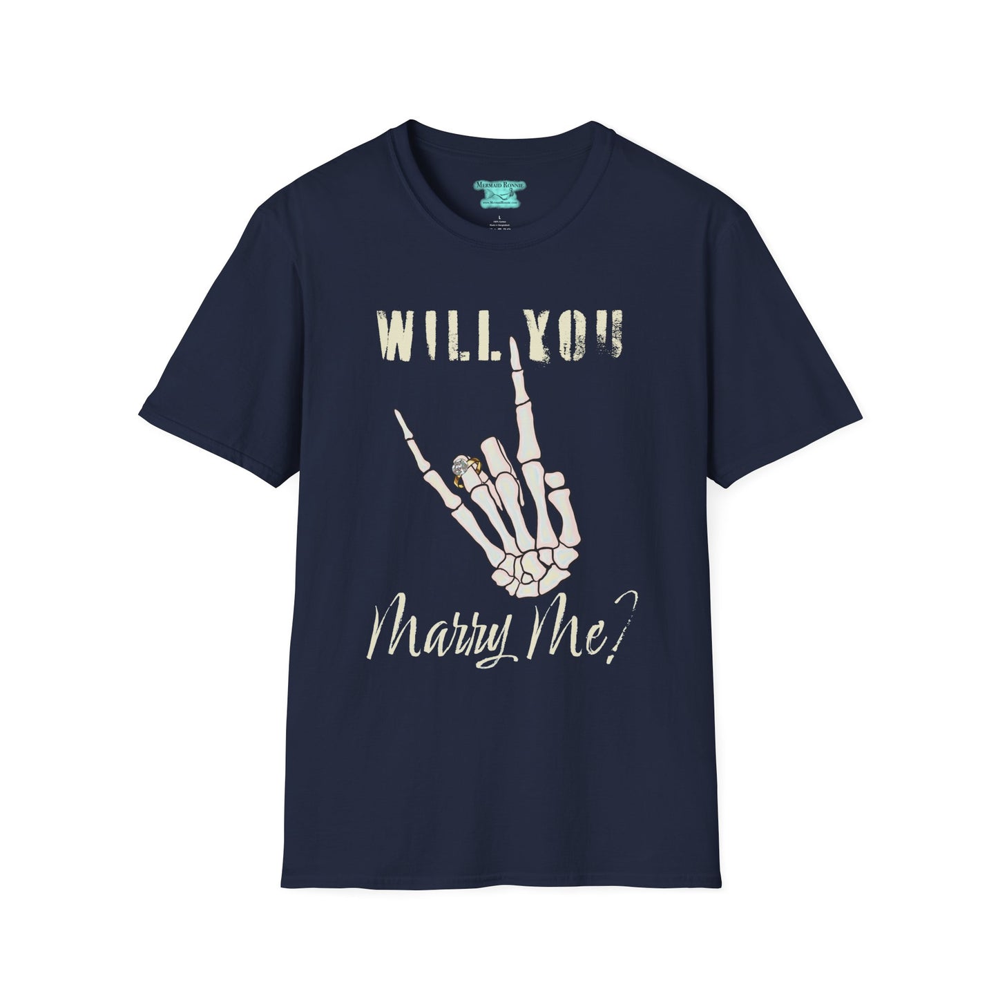 Will You Marry Me T-Shirt, Skeleton Rock and Roll Symbol, Unisex Wedding Proposal Tee