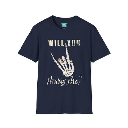 Will You Marry Me T-Shirt, Skeleton Rock and Roll Symbol, Unisex Wedding Proposal Tee
