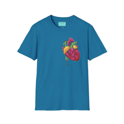 Blue unisex short sleeve t-shirt featuring a bold neon anatomical heart front and off-center, complete with dripping blood vessels—because nothing says “wear your heart on your sleeve” like wearing it smack on your chest in highlighter tones.
