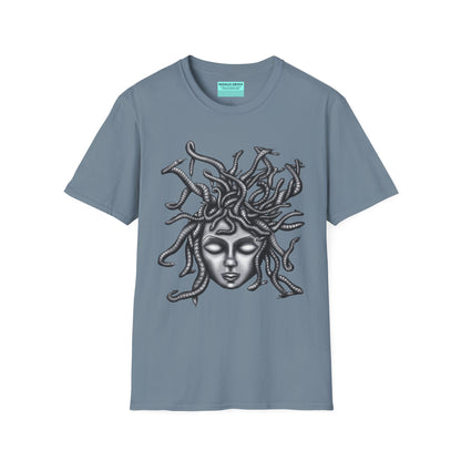 Slate blue t-shirt featuring a grayscale drawing of Medusa.