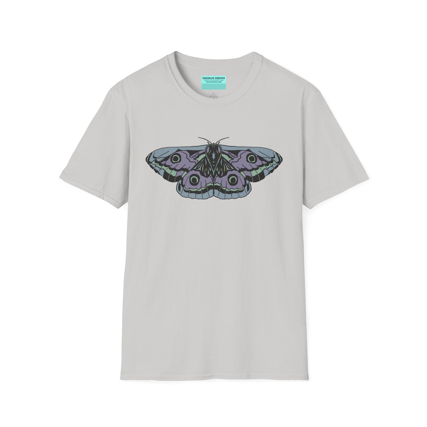 Grey t-shirt featuring a drawing of a blue and purple moth.