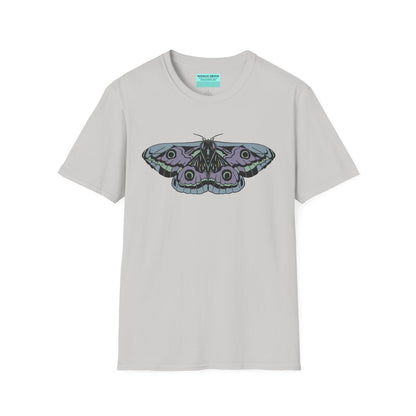 Grey t-shirt featuring a drawing of a blue and purple moth.