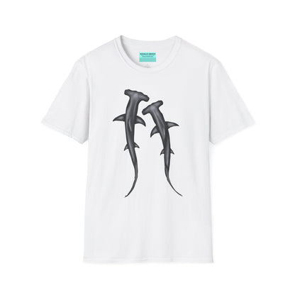 White t-shirt featuring an illustration of two hammerhead sharks.