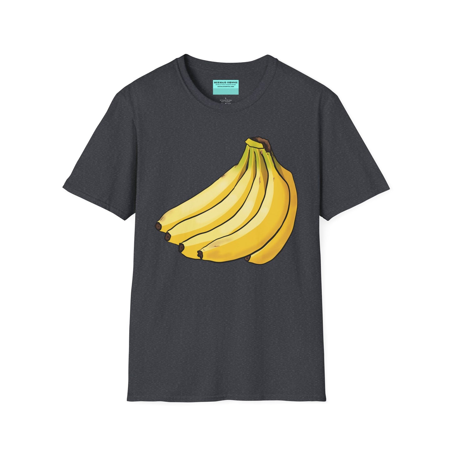 Dark grey t-shirt featuring an illustration of a bunch of bananas.