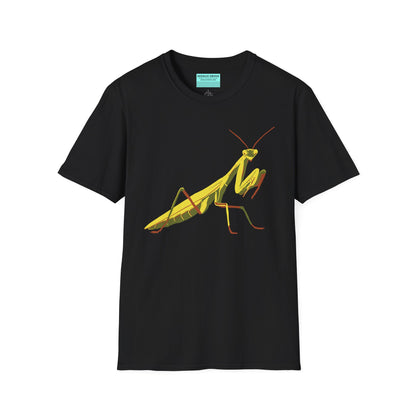 Black t-shirt featuring an illustration of a green praying mantis on the front.