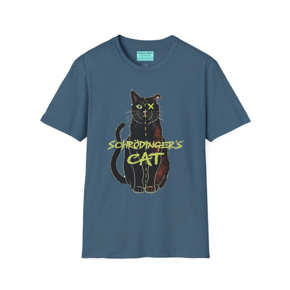 Indigo blue unisex short-sleeve tee featuring the infamous Schrödinger’s cat—half-alive, half-dead, and fully committed to quantum confusion. The feline paradox lounges proudly beneath the words "Schrödinger's Cat," because science jokes are both alive and kicking and six feet under.