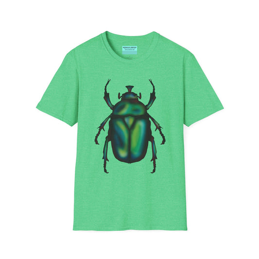 Green t-shirt featuring an illustration of a June bug (green chafer beetle) across the chest.