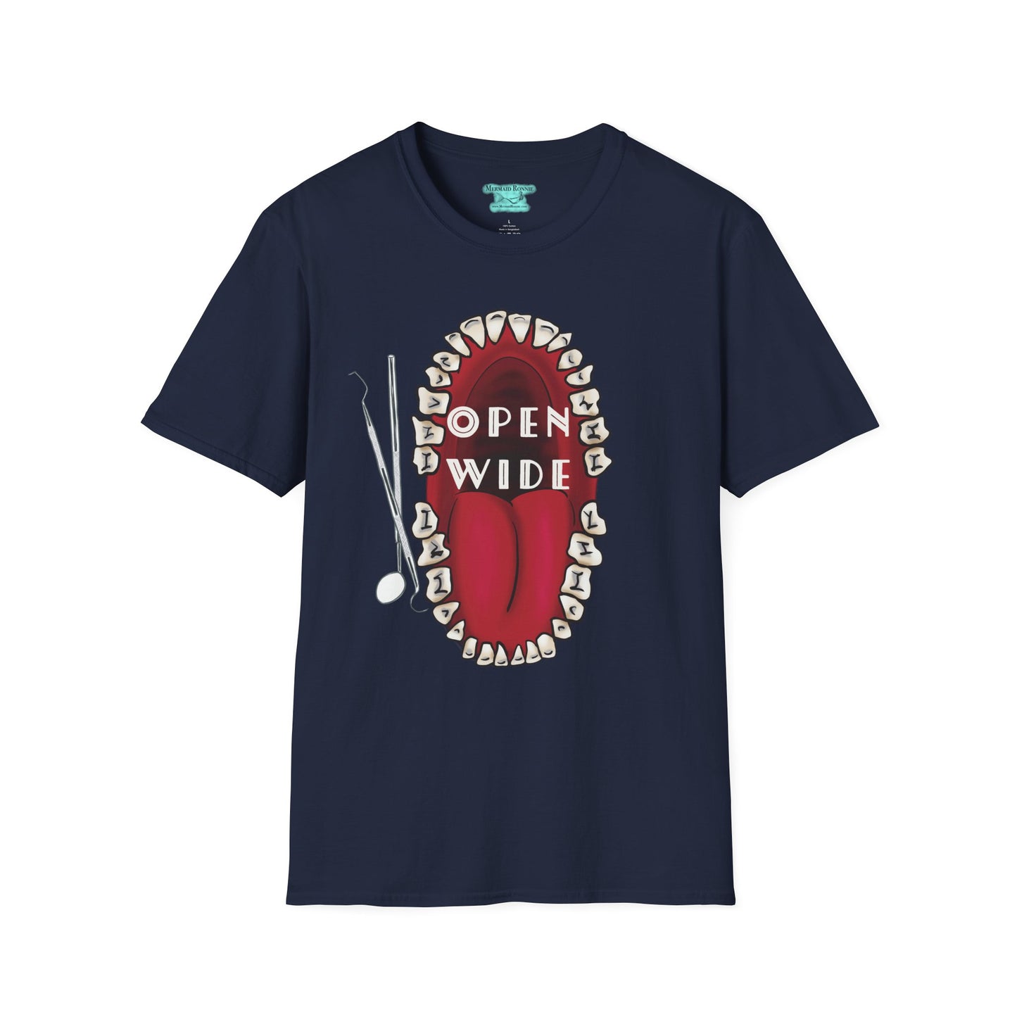 Dental Professional T-Shirt, Open Wide Design with Teeth and Dental Tools for Dentists and Dental Hygienists