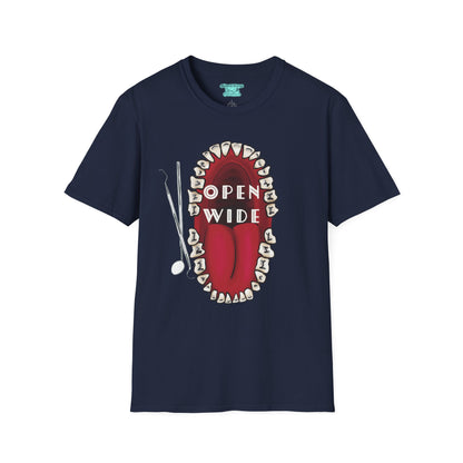 Dental Professional T-Shirt, Open Wide Design with Teeth and Dental Tools for Dentists and Dental Hygienists