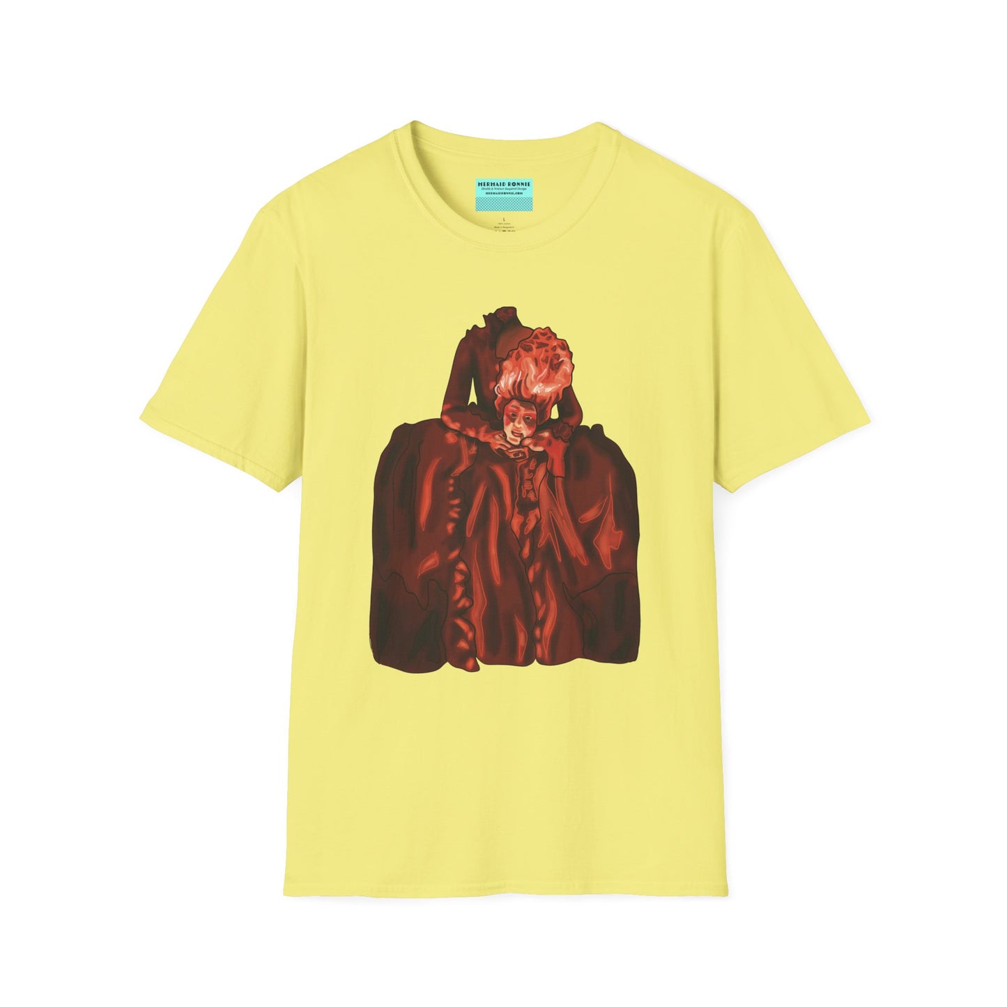Yellow t-shirt featuring an illustration of a headless Marie Antoinette holding her own head in her hands.