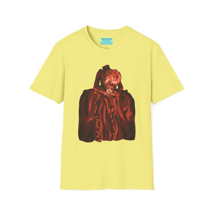 Yellow t-shirt featuring an illustration of a headless Marie Antoinette holding her own head in her hands.