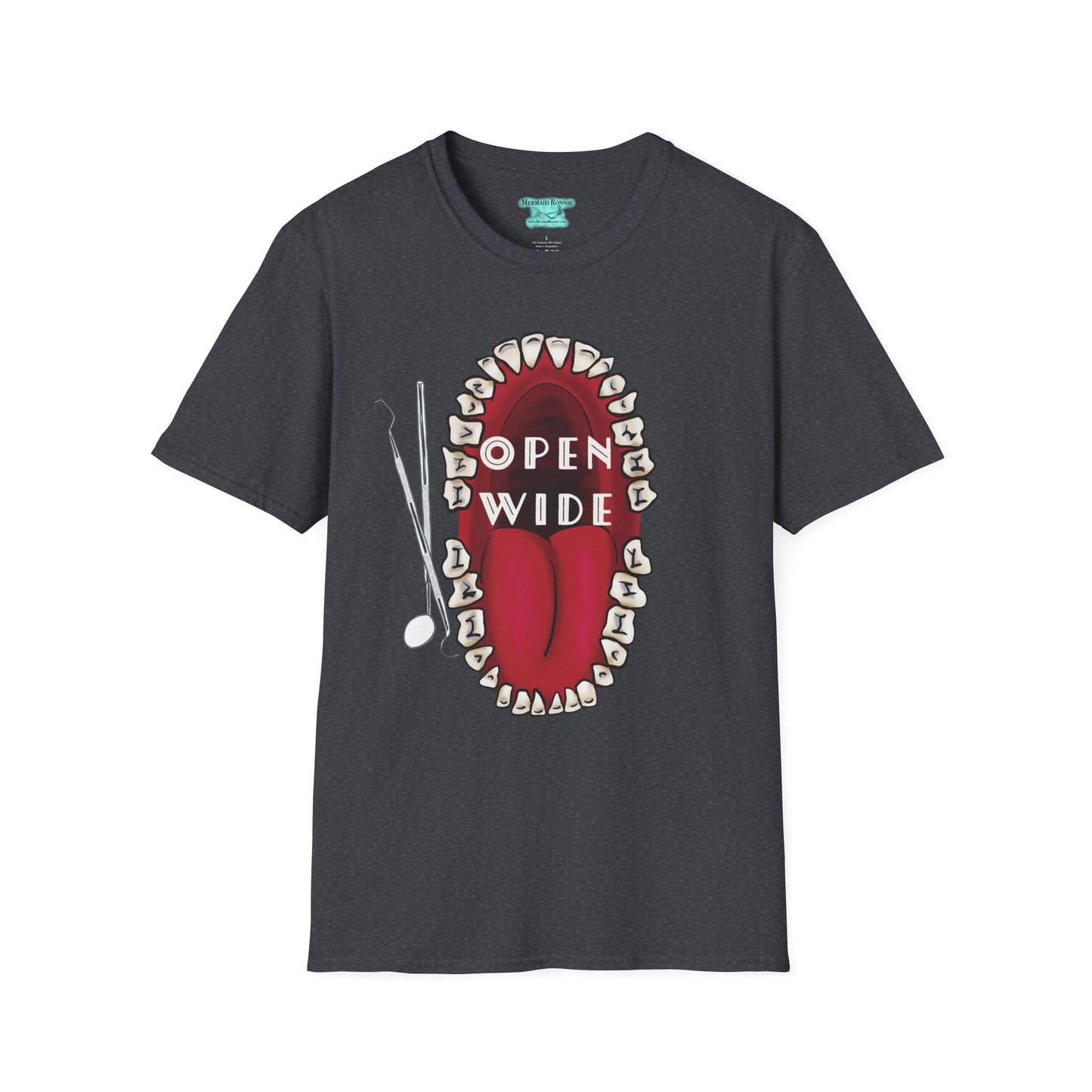 Dental Professional T-Shirt, Open Wide Design with Teeth and Dental Tools for Dentists and Dental Hygienists