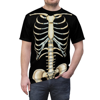 Anterior view of a man wearing a unisex black athletic t-shirt with a detailed anatomical skeleton design that looks like an x-ray—perfect for when you want to flex your muscles and your inner structure.