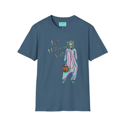 Indigo blue t-shirt featuring a drawing of a skeleton in a unicorn costume onesie, with the phrase 'Is it Halloween yet?' printed on it.