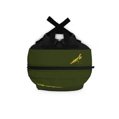 Praying Mantis Backpack, Army Green Canvas with Yellow Insect Design, Entomology Gift