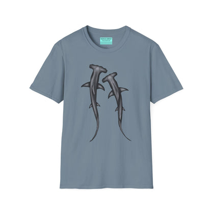 Slate blue t-shirt featuring an illustration of two hammerhead sharks.