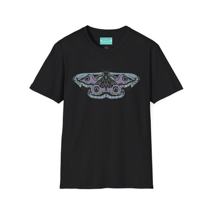 Black t-shirt featuring a drawing of a blue and purple moth.