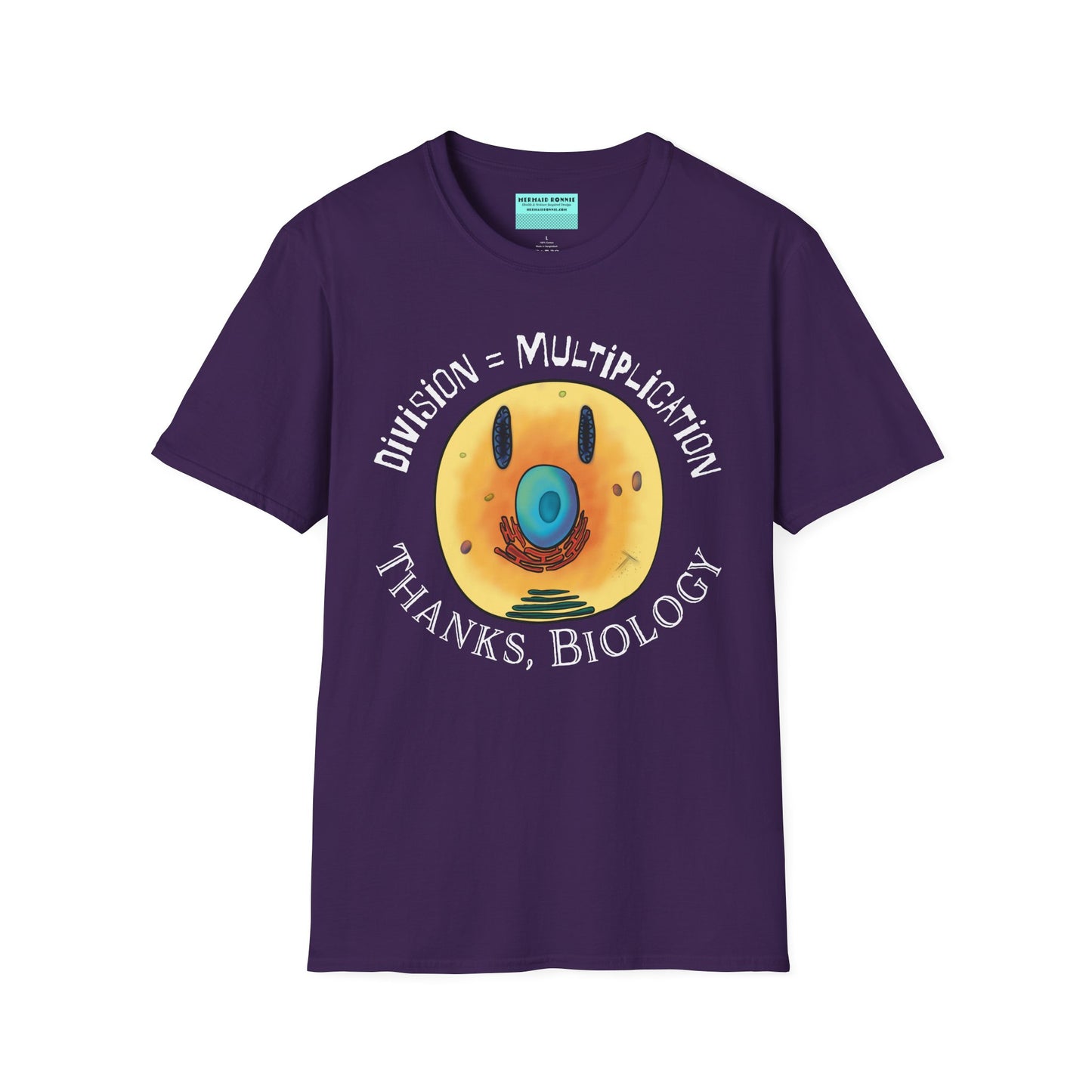 Purple t-shirt featuring an illustration of a cell, with cellular organelles arranged to create a smiley face. The text 'Division = Multiplication. Thanks, Biology' is displayed surrounding the image.