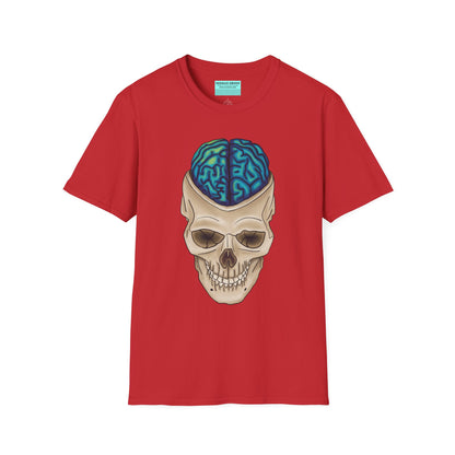 Red t-shirt featuring a drawing of an anatomical skull, with a brain emerging from the top.