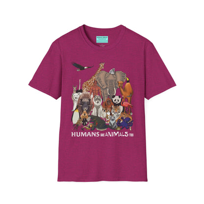 Pink unisex short sleeve tee featuring a diverse group of illustrated animals—like an elephant, bird, cat, and more—gathered around a human in the center. Below the image, the text reads "humans are animals too," celebrating our place in the animal kingdom with a touch of humor and humility.