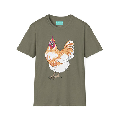 Green t-shirt featuring an illustration of a chicken.